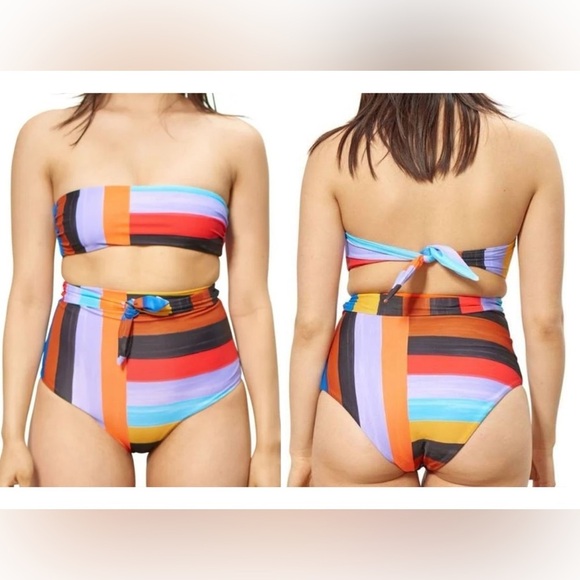 NEW Mara Hoffman Abigail Black Multi Sunglow Stripe Strapless Bandeau Bikini Top - Picture 1 of 10